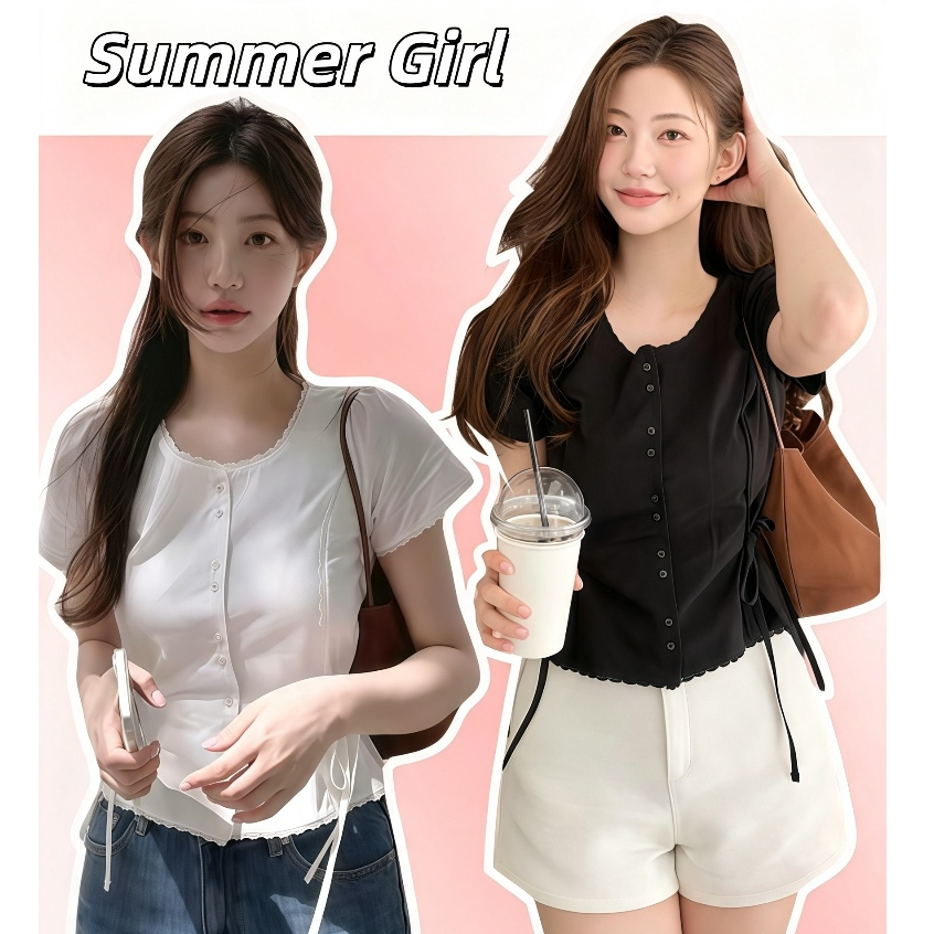 ✨Summer Girl ✨ เสื้อแขนสั้นผู้หญิง ผ้าสบาย แต่งลูกไม้ขอบ มีเชือกผูกข้าง สไตล์เกาหลี shirt