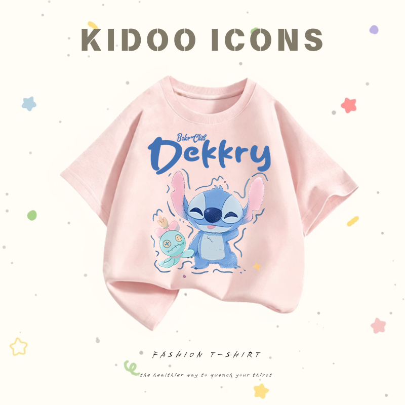 KIDOO ICONS เสื้อเด็กผู้หญิงฤดูร้อน ลำลอง ทรงหลวม ลายการ์ตูน Stitch สีฟ้า ผ้าฝ้าย 100% #A01+5722