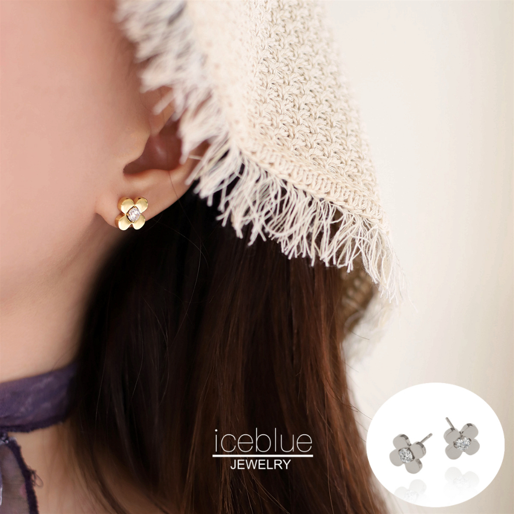 iceblue-ต่างหูติดหูดอกใบโคลเวอร์สี่แฉกประดับเซอร์คอนสองโทนสีทองเงิน ไม่ก่อภูมิแพ้ ชุบทอง18K กันน้ำ กันเหงื่อ ไม่ซีดสี สำหรับสุภาพสตรี E99