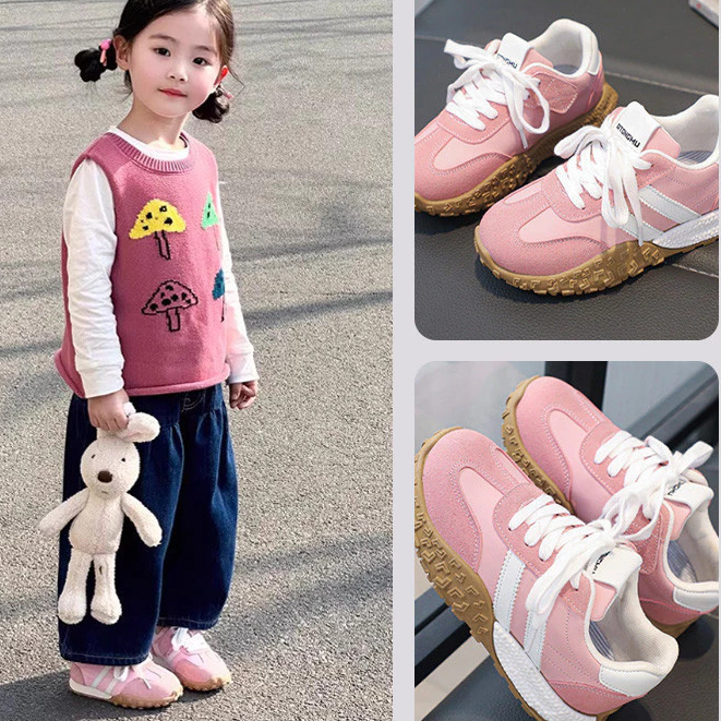 รองเท้าผ้าใบเด็กผูกเชือก พื้นหนากันลื่น ตกแต่งลายทาง อายุ1‑12ปี ยูนิเซ็กซ์