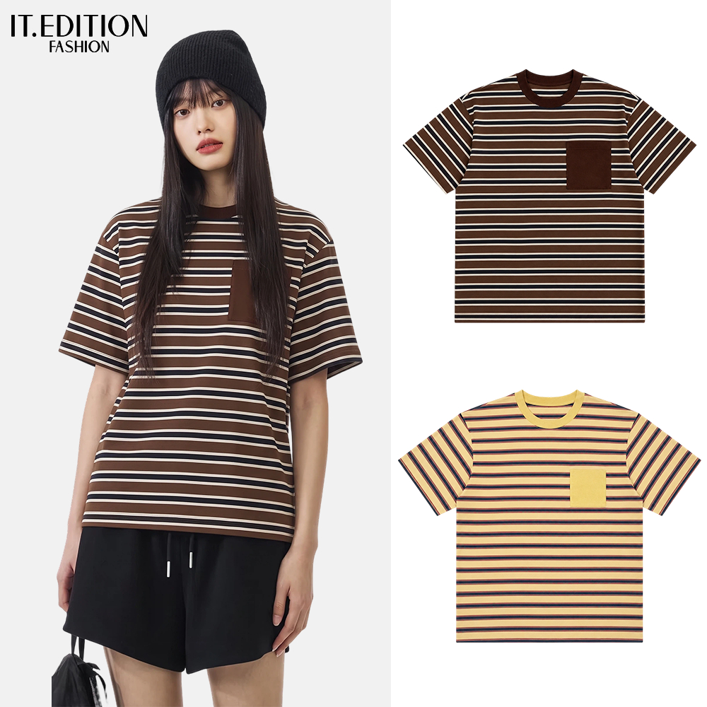 IT.EDITION เสื้อยืดผู้หญิงเกรดพรีเมียม แขนสั้นลายทาง มีกระเป๋าหน้าอก ทรงหลวมฟิต เดลี่ท็อป