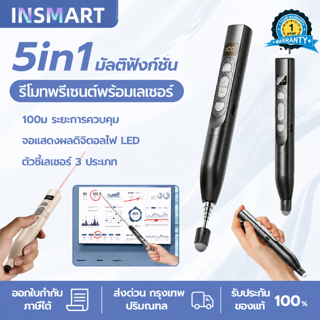 INSMART ปากกาพลิกหน้าเลเซอร์ INSMART, ผู้สาธิตไร้สาย, ตัวบ่งชี้เลเซอร์ PPT, หดได้, ฟังก์ชั่นเวลา, จอ