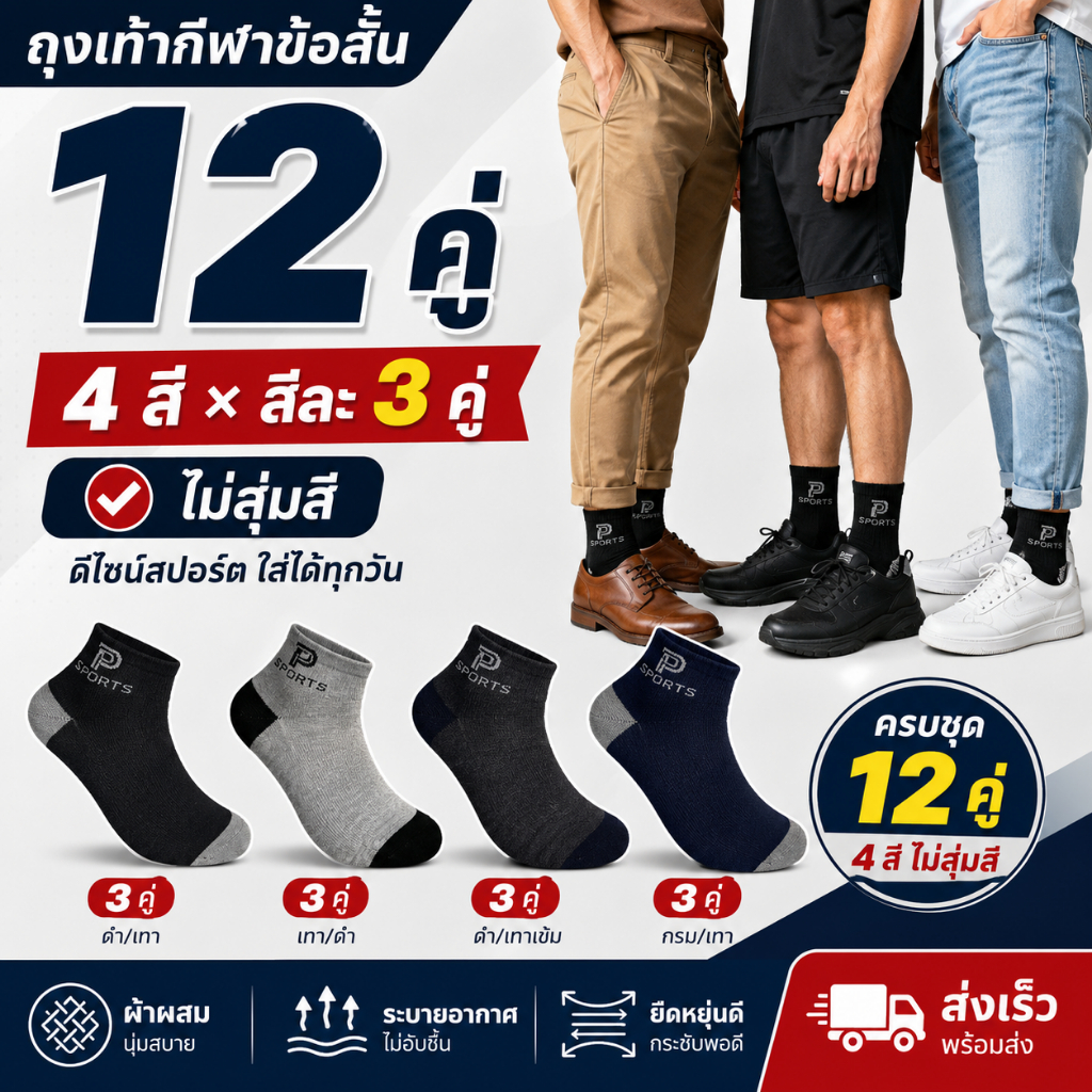 (12 คู่) ถุงเท้าผู้ชายสีดําปักลายกลางข้อเท้าผ้าฝ้ายระบายอากาศดูดซับเหงื่อเหมาะกับฤดูร้อนและฤดูใบไม้ผลิ