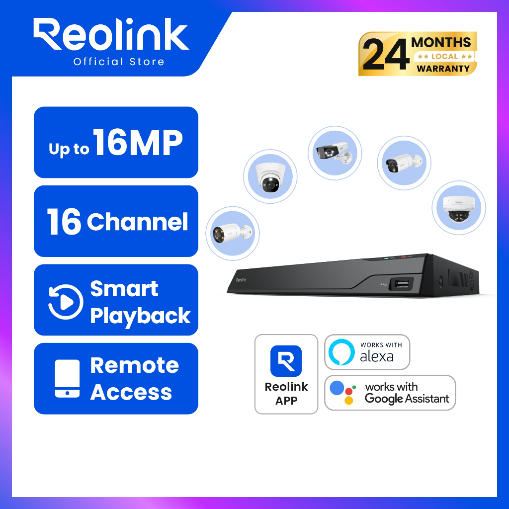 REOLINK NVS16 เครื่องบันทึก PoE NVR 16CH | บันทึก 24 ชม. | ตรวจจับคน/รถ/สัตว์ | ใส่ HDD 16TB