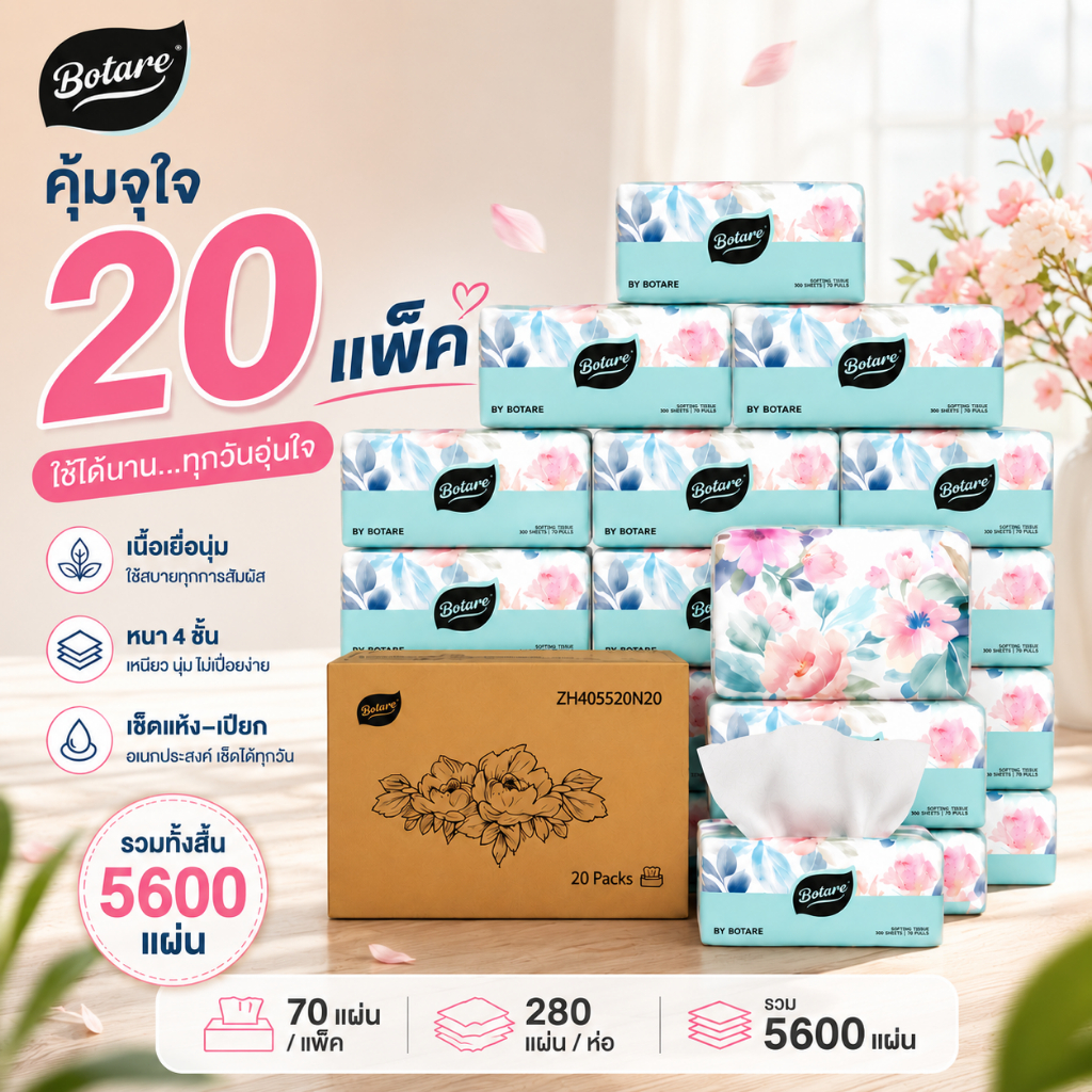 【20 แพ็ค 】Botare ทิชชู่ 4 ชั้น 5600 แผ่น แพ็คคุ้ม ใช้งานได้ทุกที่ ทั้งบ้าน ที่ทำงาน และครัว