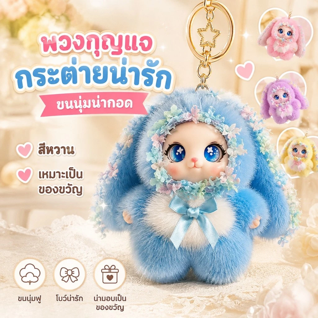🔥สินค้าขายดี🔥พวงกุญแจตุ๊กตากระต่ายหูนุ่ม น่ารัก ของเล่นตุ๊กตาพกพา จี้ห้อยกระเป๋า ของขวัญสำหรับเด็กและผู้หญิง