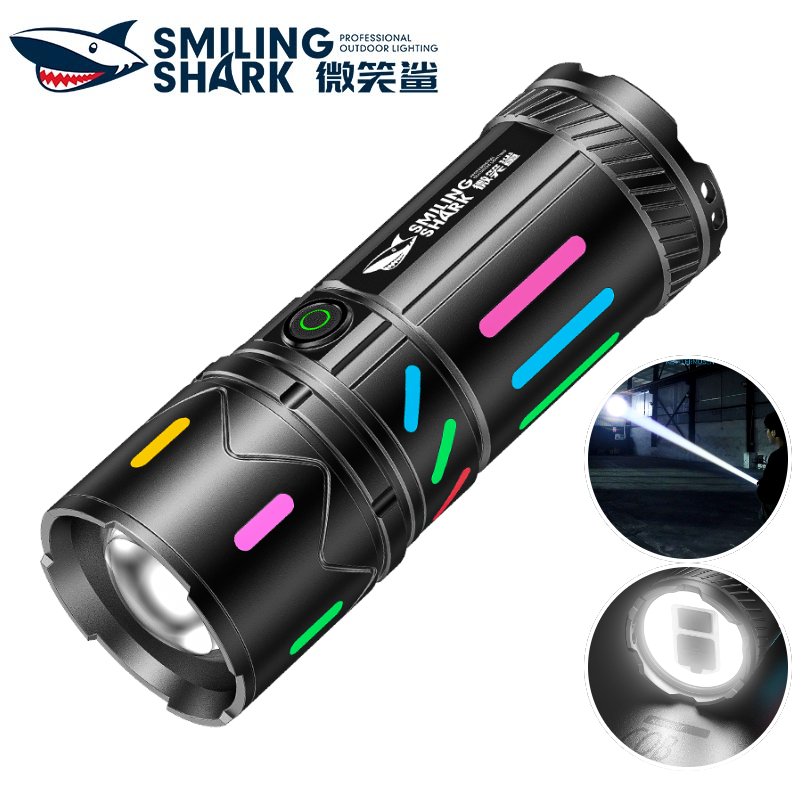 SMILING SHARK SD8103 ไฟฉาย led M77 ไฟฉายสว่างเป็นพิเศษพร้อมไฟท้าย COB Zoomable 6 โหมด Type-C ชาร์จเร