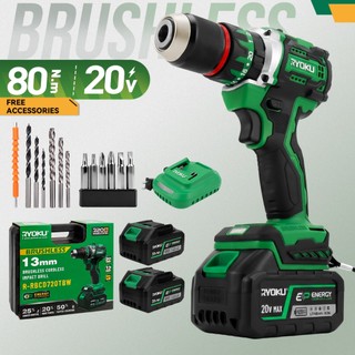 RYOKU สว่านไร้สาย 20V 2.6ah สว่านกระแทกแบบไม่มีแปรง 13MM สว่านกระแทกพร้อมแบต 2 อัน