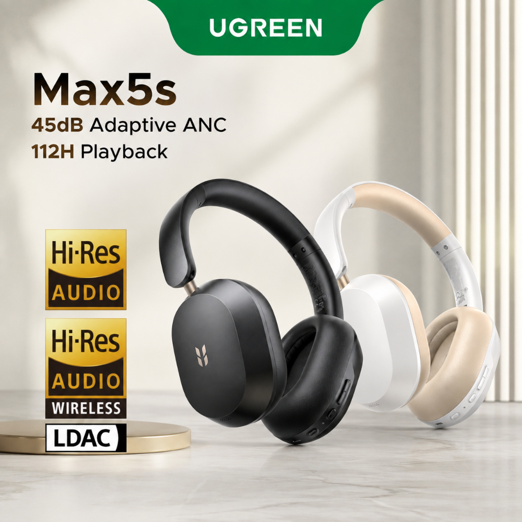 UGREEN ใหม่ Max5s Earpods บลูทูธยาวพิเศษ 112-ชั่วโมงอายุการใช้งานแบตเตอรี่ ANC Noise Cancelling ชุดหูฟังบลูทูธ 6.0 Latency ต่ําพร้อมไมโครโฟน 5 ตัวรองรับการโทร