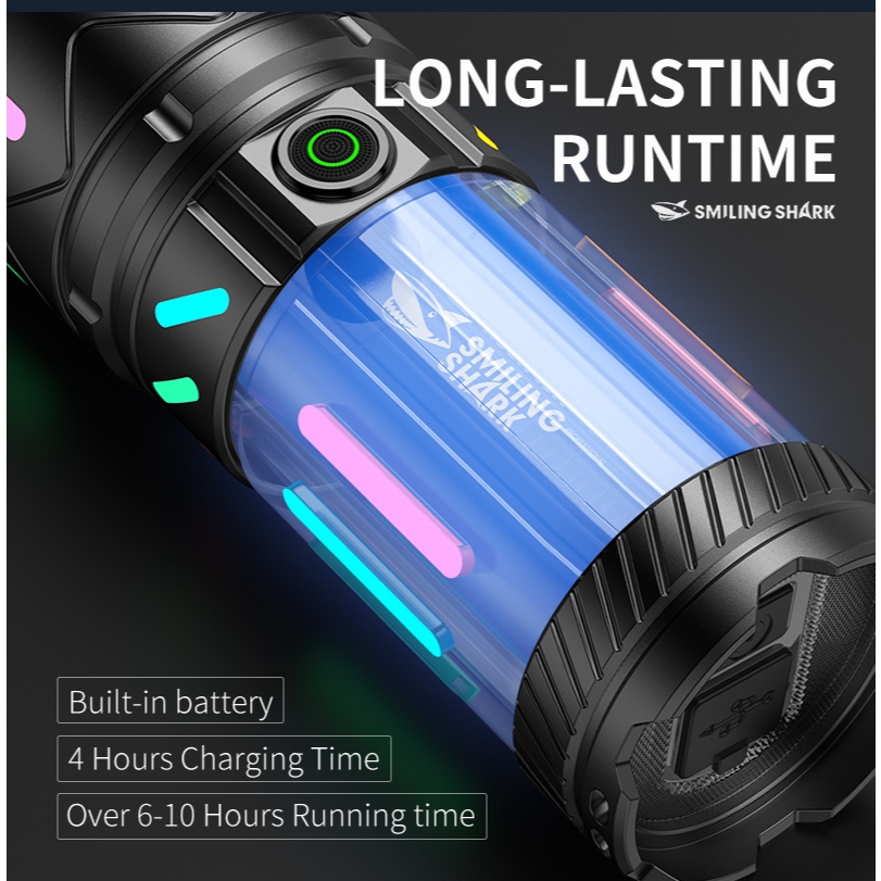 SMILING SHARK SD8103 ไฟฉาย led M77 ไฟฉายสว่างเป็นพิเศษพร้อมไฟท้าย COB Zoomable 6 โหมด Type-C ชาร์จเรืองแสงกันน้ําสําหรับตั้งแคมป์ใช้ฉุกเฉิน — صورة 7