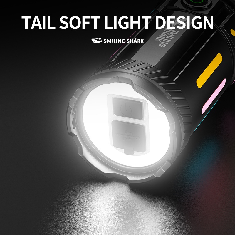 SMILING SHARK SD8103 ไฟฉาย led M77 ไฟฉายสว่างเป็นพิเศษพร้อมไฟท้าย COB Zoomable 6 โหมด Type-C ชาร์จเรืองแสงกันน้ําสําหรับตั้งแคมป์ใช้ฉุกเฉิน — صورة 3