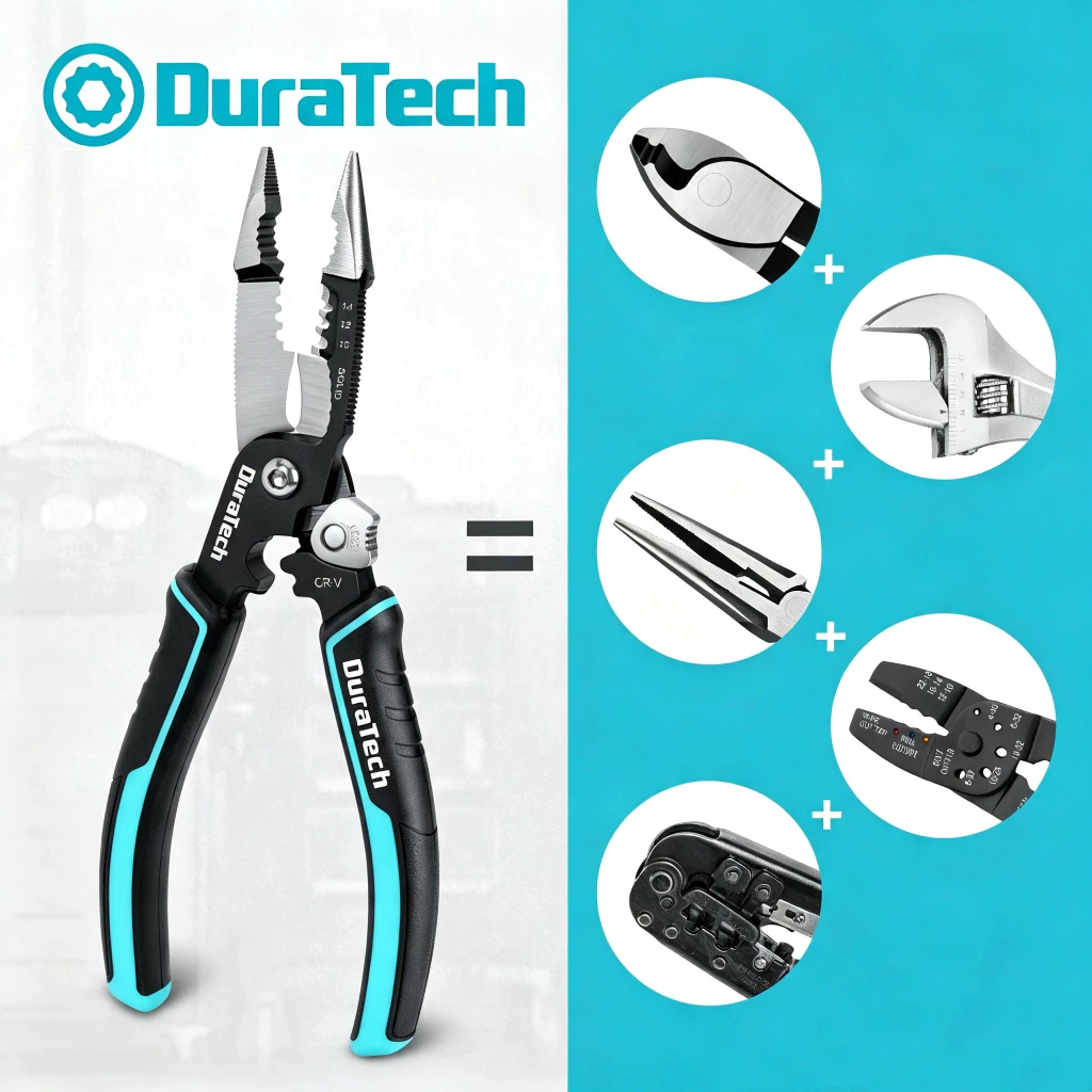 Duratech 5-in-1 Wire Stripper 8" Crimping Tool, Premium CR-V Construction, คีมจมูกเข็ม, คีมช่างไฟฟ้ามัลติฟังก์ชั่นสําหรับ Crimping, ตัด, ปอก, เฉือน