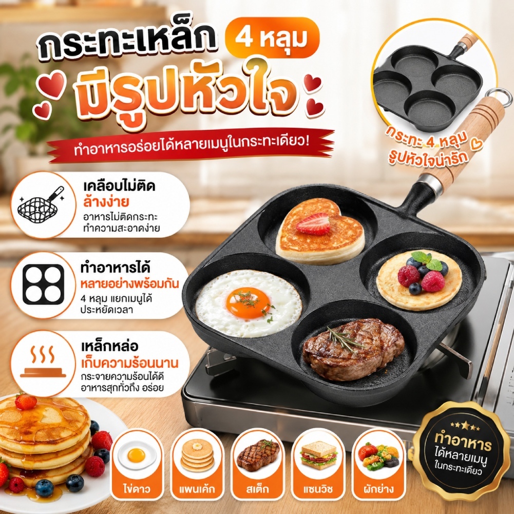 สต็อกพร้อมในกรุงเทพ 4 หลุมไข่เบอร์เกอร์แฮมกระทะด้ามไม้ไม่ติดไข่แพนเค้กสเต็กกระทะทําอาหารแฮมเบิร์กขนมปังอาหารเช้าชงเหมาะสําหรับเตาแก๊สเตาแม่เหล็กไฟฟ