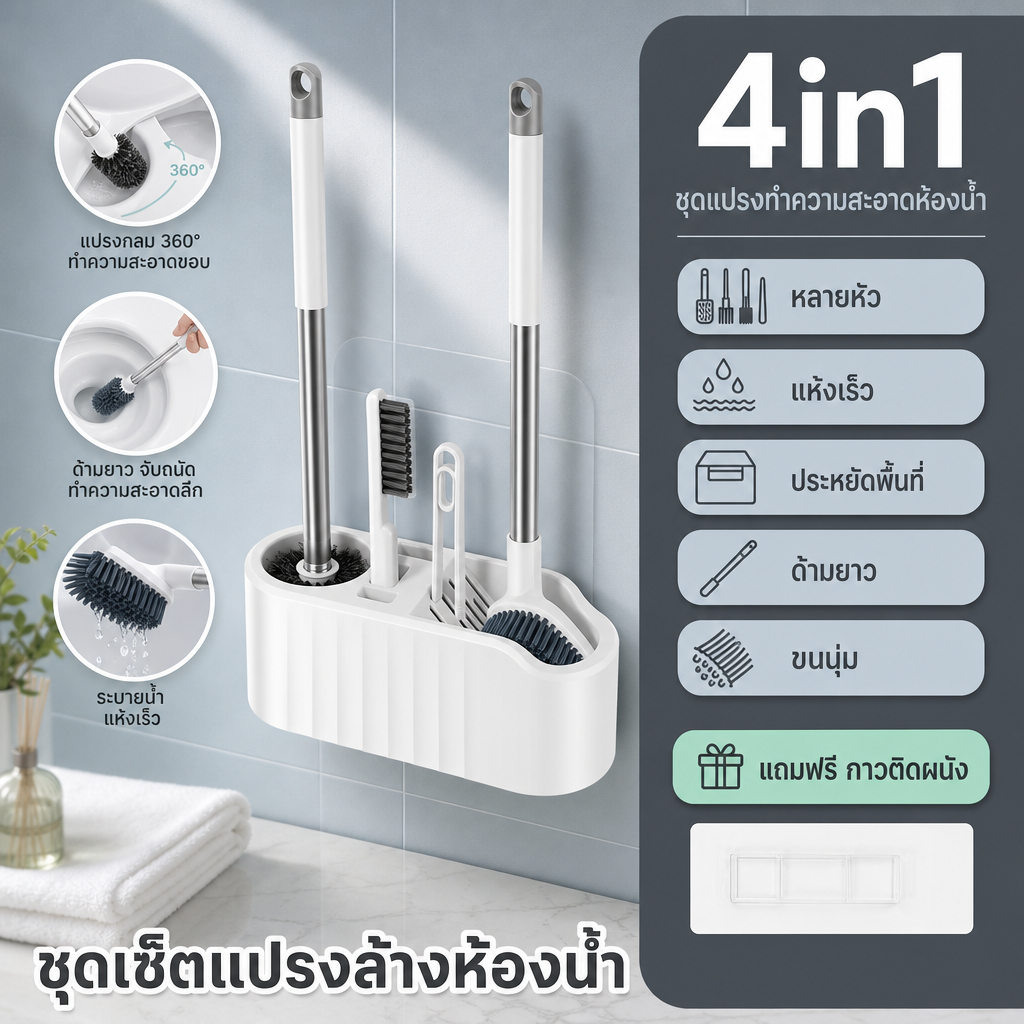4in1แปรงห้องน้ำ แปรงขัดชักโครก ที่ขัดส้วม ได้ทั้งแขวนและตั้งไม่ต้องเจาะรูให้พนังเสียหาย ขัดได้ทุกซอกทุกมุม