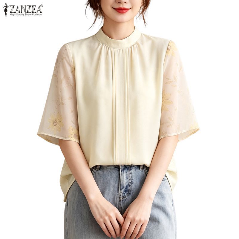ZANZEA เสื้อยืนปกแขนสั้นสำหรับผู้หญิง พิมพ์ลายดอกไม้สวยงาม