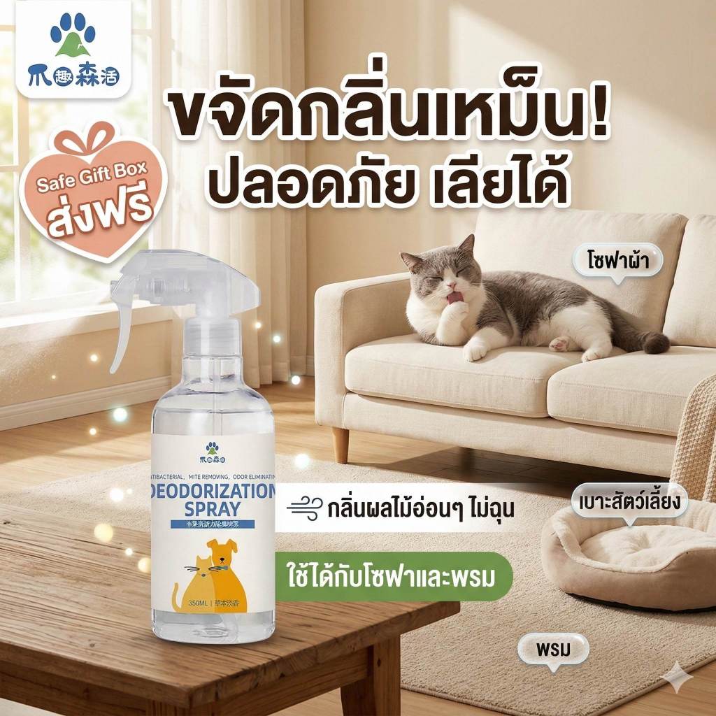 สเปรย์ขจัดกลิ่นสัตว์เลี้ยง หมาแมว สลายกลิ่นฉี่ ดับกลิ่นทรายแมว ยับยั้งแบคทีเรีย สูตรพืชธรรมชาติ อ่อนโยน เลียได้ ปลอดภัย 350ml