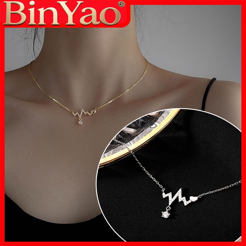 Minimalist ECG Heart Beat สร้อยคอประกายเพทายจี้หัวใจเล็กๆโลหะผสมบาง Clavicle Chain แฟชั่นผู้หญิงเครื