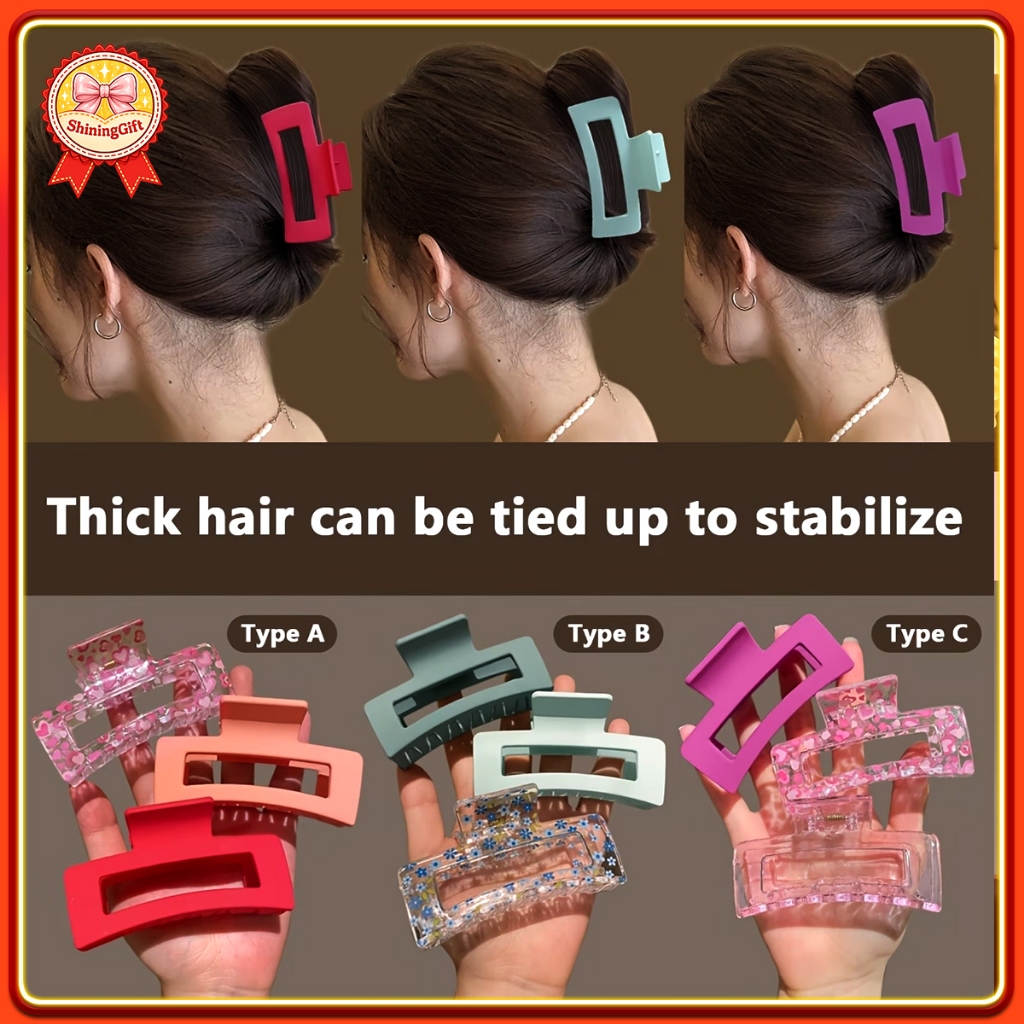 3 ชิ้นสี่เหลี่ยมผืนผ้าผม Claw คลิปอะคริลิคภาษาฝรั่งเศสคํา Clamp สําหรับผมหนา Strong Grip Non-Slip Scrunchies Barrettes สีทึบ Glitter คลิปสําหรับผู้หญิงสาว