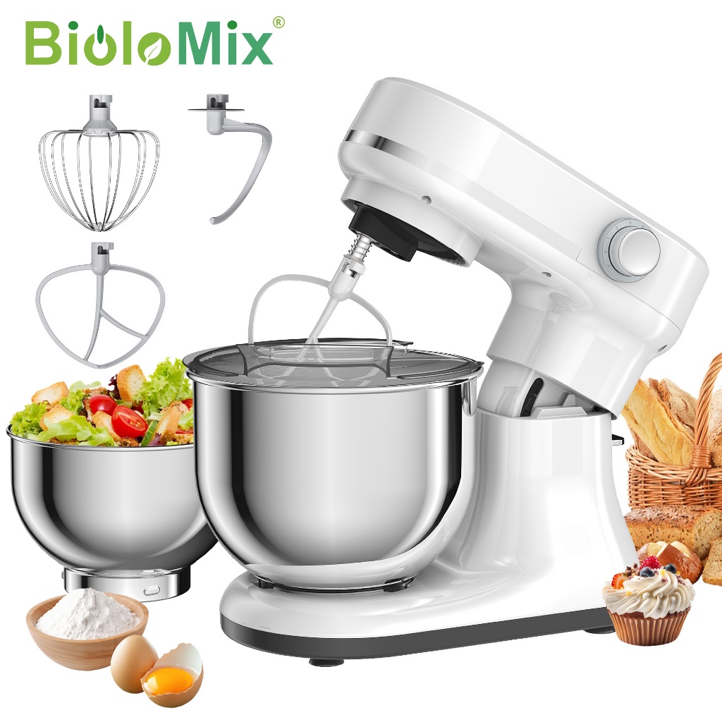 BioloMix 5.5L & 4L Double Bowl Stand Mixer,8 Speed Kitchen Mixer for Daily Baking,รวม Egg Whisk Doug