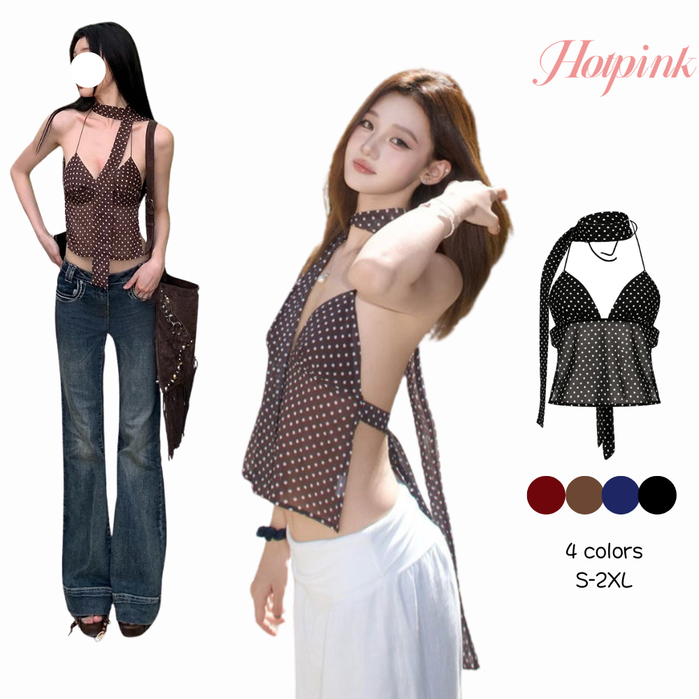 Hotpink ส่งจาก Bangkok เสื้อสายเดี่ยวคอวีลึกลายจุดผูกเชือก สไตล์ใหม่สำหรับฤดูร้อน เซ็กซี่ เข้ารูป สั้น เปิดหลัง