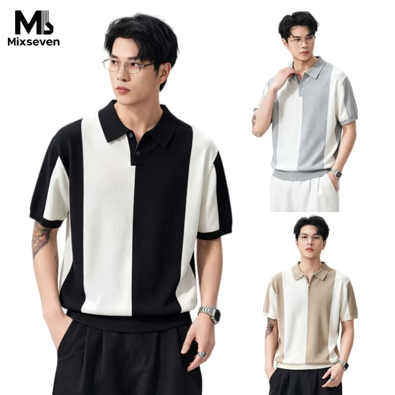 MIXSEVEN เสื้อโปโลแขนสั้นสำหรับผู้ชาย​  ลายสตรีท สีตัดกัน ผ้าถัก สไตล์เกาหลี ผ้าไหมน้ำแข็งระบายอากาศดี