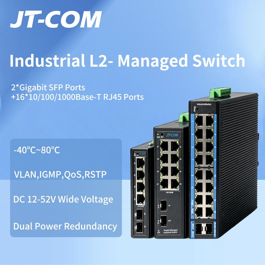 JT-COM Industrial Gigabit L2- Managed Switch 4/8/16 Port + 2 Gigabit SFP Slots DIN-Rail IP40 VLAN RS