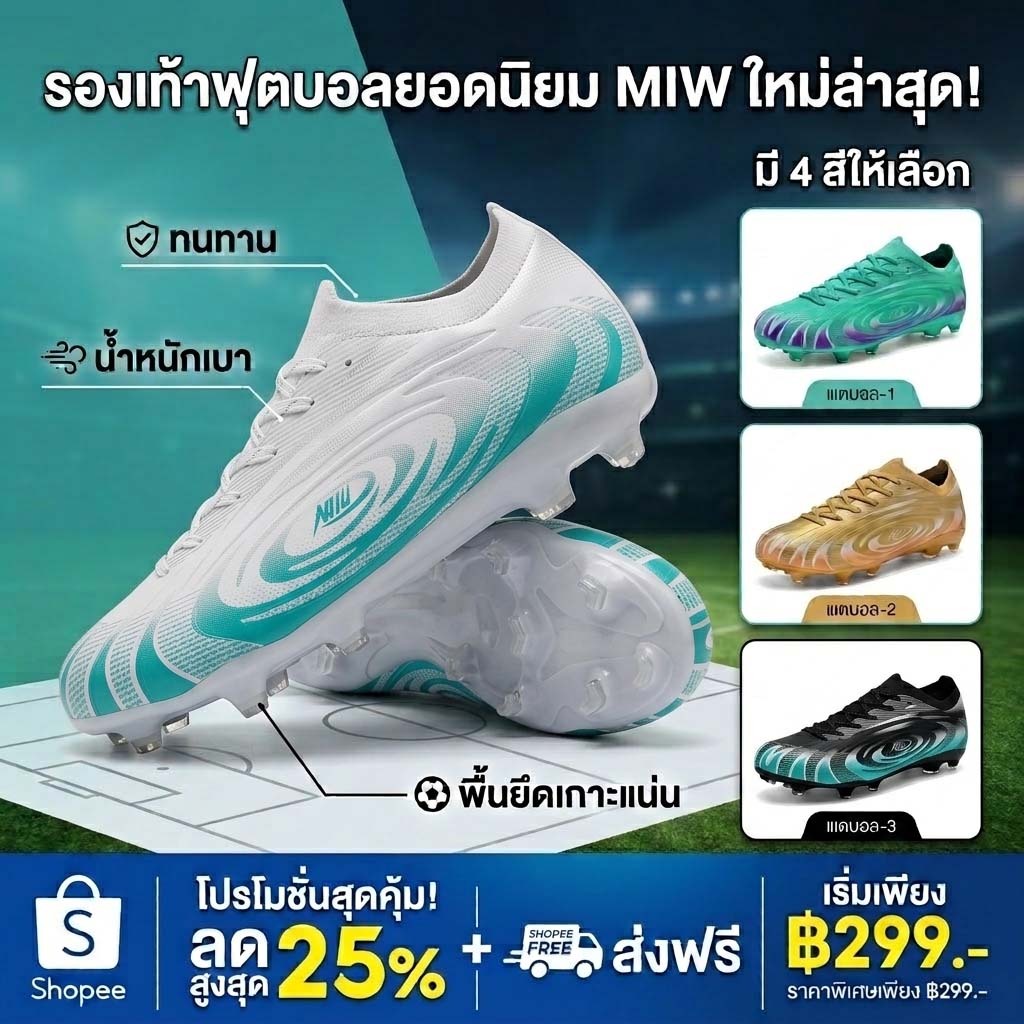 Spikes รองเท้าฟุตบอล Low-Top สีเขียวรูปแบบพิมพ์แฟชั่นผู้ชาย FG Sole รองเท้าฟุตบอล