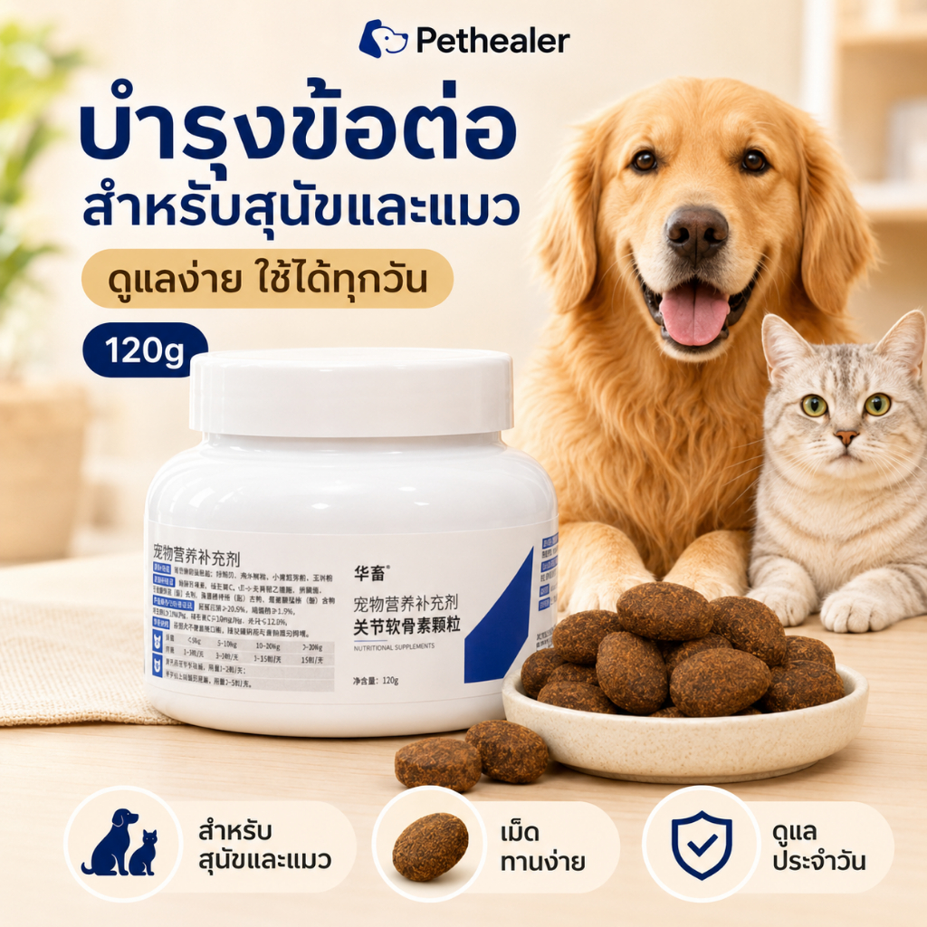 เม็ดบำรุงข้อต่อและกระดูกอ่อนสำหรับสุนัขและแมว 120g อาหารเสริมสัตว์เลี้ยง ดูแลการเคลื่อนไหว เม็ดทานง่าย ใช้ได้ทุกวัน