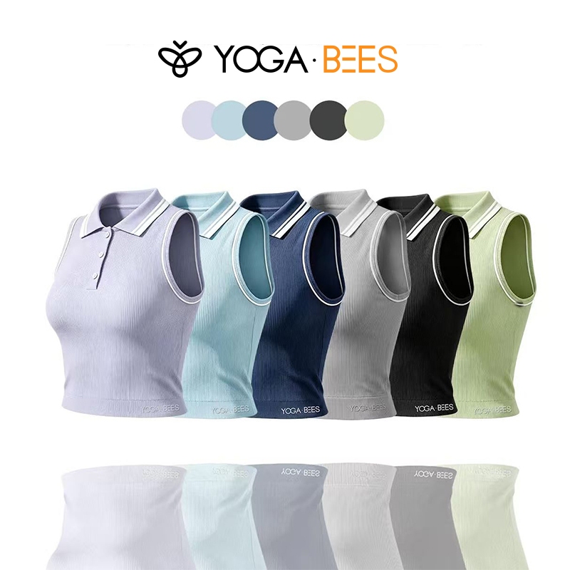 โยคะ BEES Ribbed แขนกุด Polo Crop Top ผู้หญิงสีขาว Trim ปุ่ม Slim Fit กีฬา Tank Top Breathable โยคะฟิตเนสทุกวันสบายๆเสื้อกั๊ก 6 สี