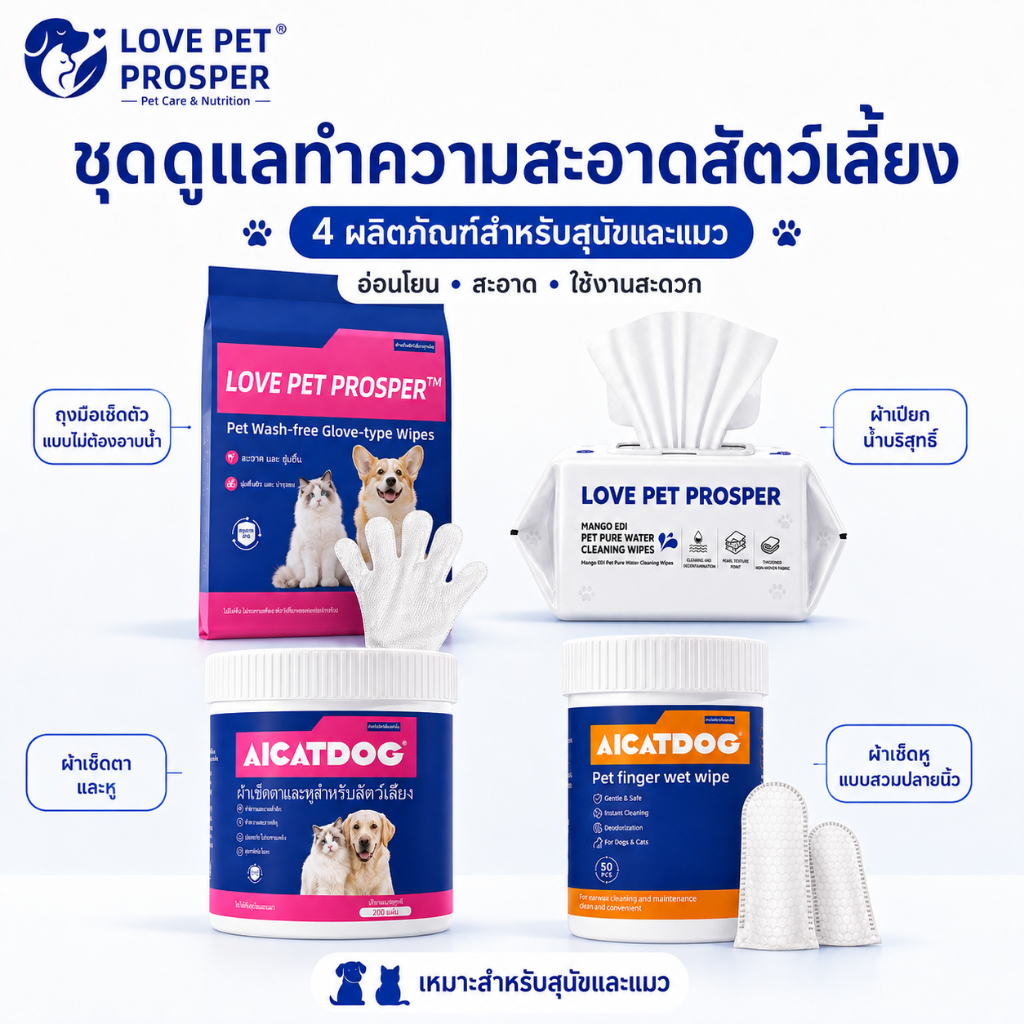 Love Pet Prosper ผ้าเช็ดทําความสะอาดสัตว์เลี้ยงสําหรับสุนัขและแมว ผ้าเช็ดทําความสะอาดกําจัดกลิ่น สูตรอ่อน สําหรับดวงตา หู Paw Body