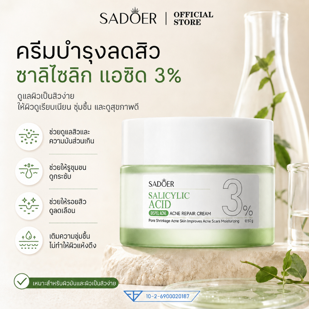 SADOER SALICYLIC ACID DISPEL ACNE REPAIR CREAM ลดสิวอุดตัน คุมมัน กระชับรูขุมขน ลดรอยสิว ผิวเป็นสิวง่าย