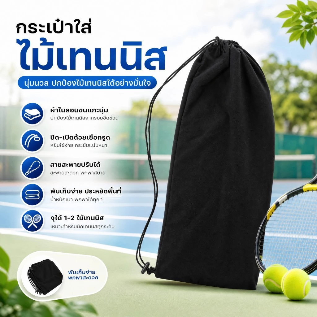 Tennis Racquet Cover Bag Soft Fleece Storage Bag Case สําหรับไม้เทนนิส
