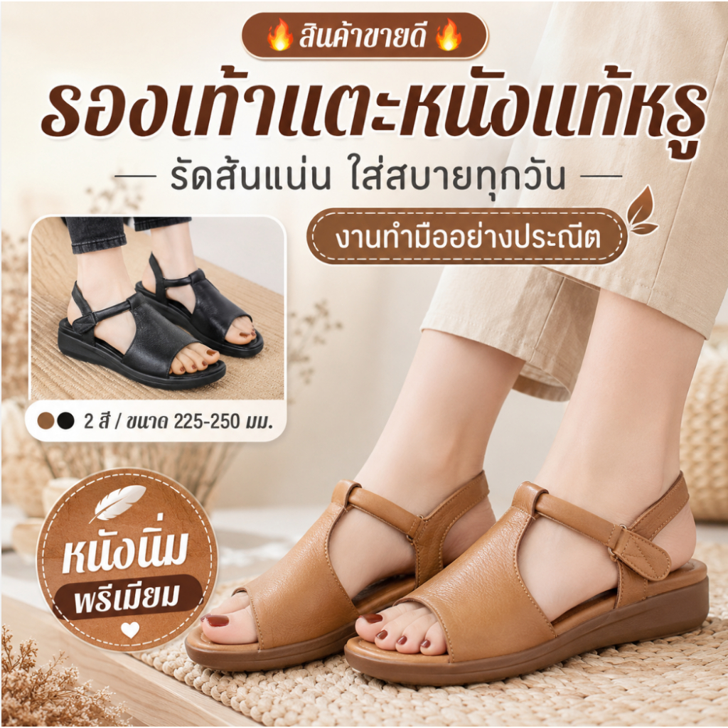 สินค้าขายดี 【รองเท้าแตะหนังแท้หรู】รองเท้าแตะรัดส้นหนังแท้แบบทำด้วยมือ หนังแท้ทำมืออย่างประณีต รัดส้นแน่น ใส่ได้ทุกโอกาส