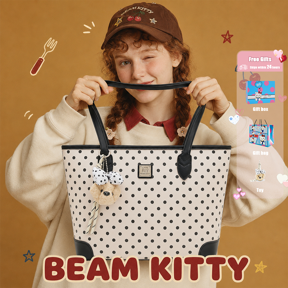 Beam Kitty สีดําสีขาว Polka Dot Tote กระเป๋าหญิงขนาดใหญ่ความจุ Commuter กระเป๋าสะพายเกาหลีย้อนยุคนักเรียน Class กระเป๋าถือ All-Match น่ารักหมีจี้ F