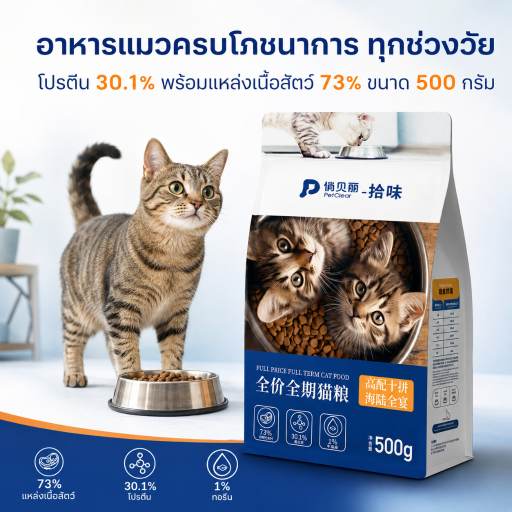 อาหารเม็ดแมว PetClear สูตรครบถ้วนทุกช่วงวัย ขนาด 500 กรัม โปรตีนสูง 30.1%