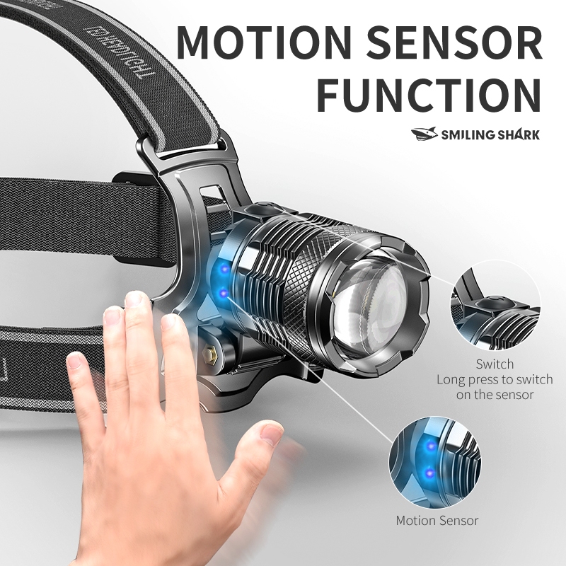 SMILING SHARK TD8018 ไฟฉายคาดหัว LED พลังสูง พร้อมเซ็นเซอร์ หลอดไฟ M77 สว่างสุดแรง ซูมได้ 15 โหมด ไฟสีขาว/แดง/เหลือง/ม่วง/น้ำเงิน ชาร์จ Type-C แสดงสถานะแบตเตอรี่ กันน้ำ สำหรับตั้งแคมป์และทำงาน — صورة 4