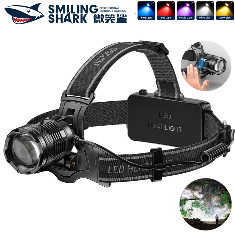 SMILING SHARK LED Ultra Bright ไฟหน้า High Lumen โคมไฟ M77 8400LM เซ็นเซอร์คลื่น Type-c ชาร์จไฟหน้าก