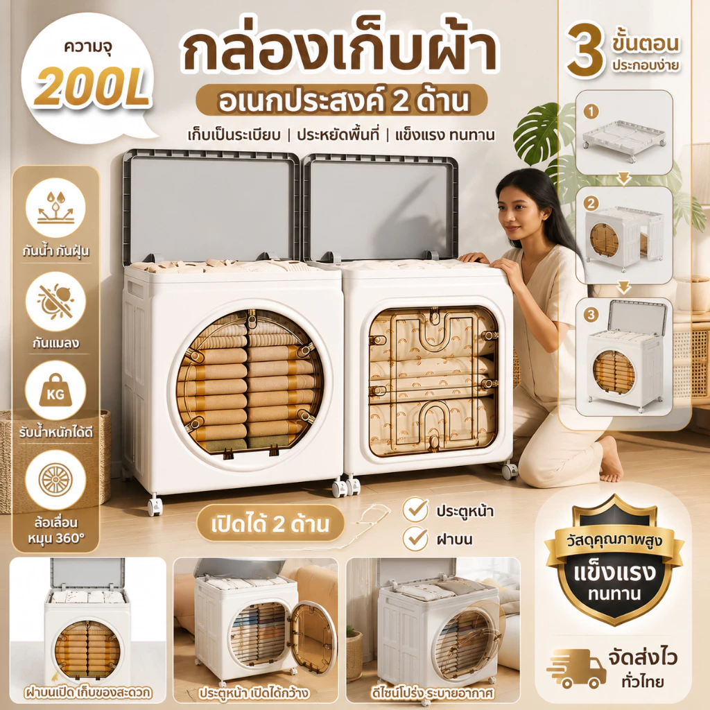 【COD】กล่องเก็บของอเนกประสงค์แบบพับได้ พลาสติกหนา เปิดฝาบนได้ ความจุใหญ่ สำหรับเก็บของเล่น ของใช้เด็ก
