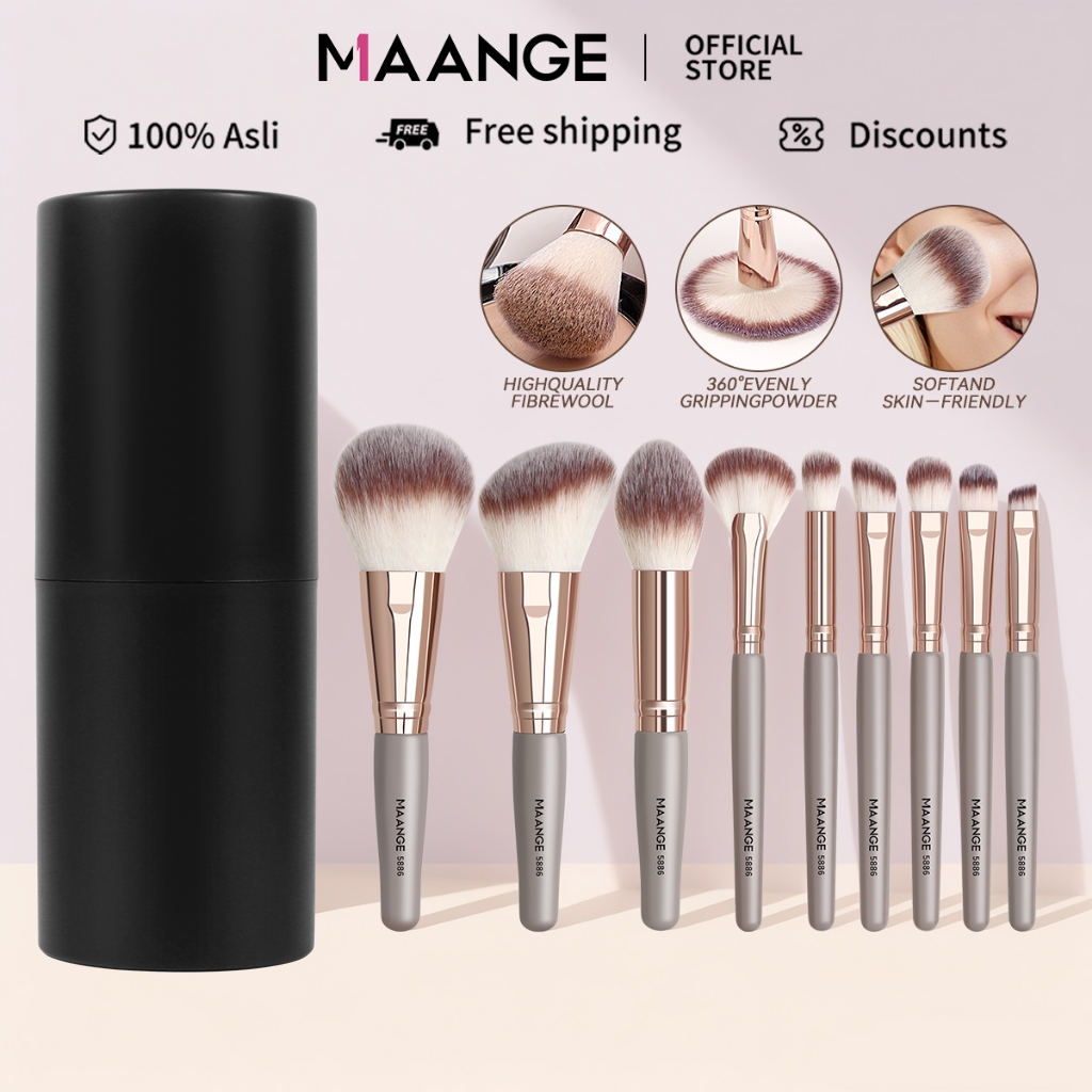 MAANGE แปรงแต่งหน้า 9 ชิ้น ปุยและนุ่ม ขนแปรงไนล่อนไฟเบอร์ ด้วยถังเครื่องสำอาง เครื่องมือแต่งหน้า