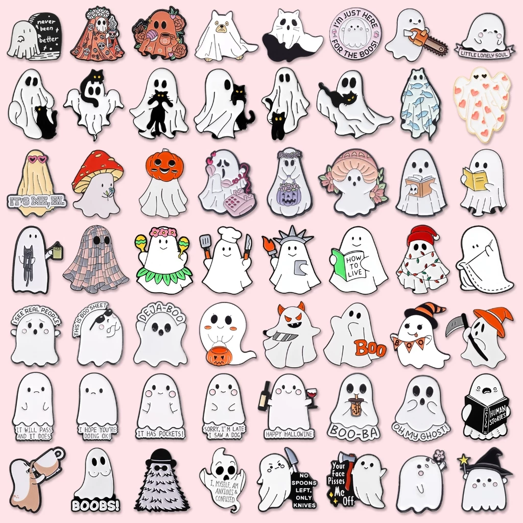 100 รูปแบบฮาโลวีนน่ารัก Ghost Lapel Pins สยองขวัญ Night Spooky ฟักทองเข็มกลัดโลหะสยองขวัญ Skull Badges อุปกรณ์เสริม