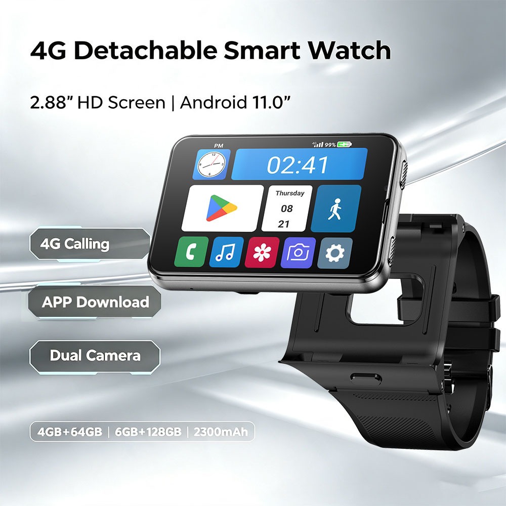 ที่ถอดออกได้ 4G สมาร์ทนาฬิกา 2.88 นิ้ว TFT Android 11.0 6GB + 128GB Nano SIM กล้องคู่ GPS WIFI บลูทู