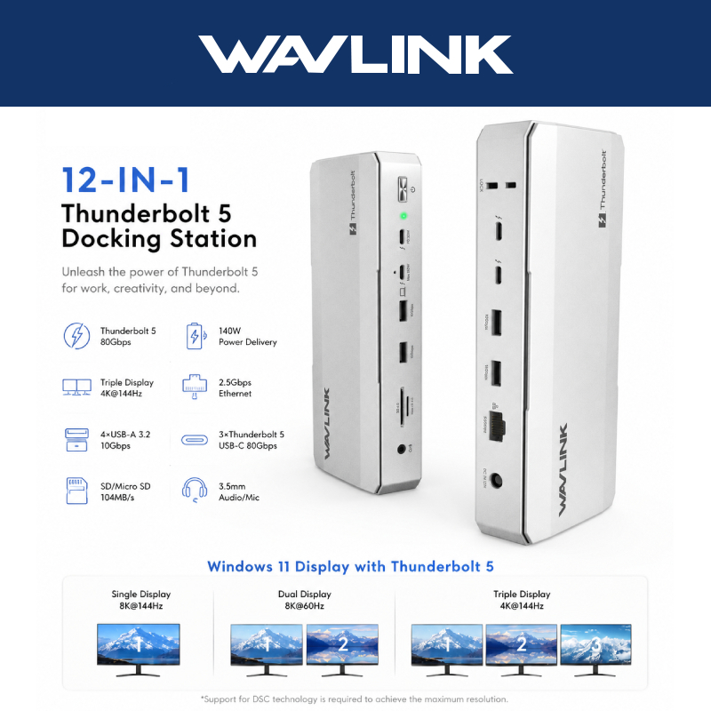 WAVLINK Thunderbolt 5 Docking Station พร้อมจอแสดงผล Triple 4K/Dual 8K, 3x TB5,4x USB-A 10Gbps, 2.5G 