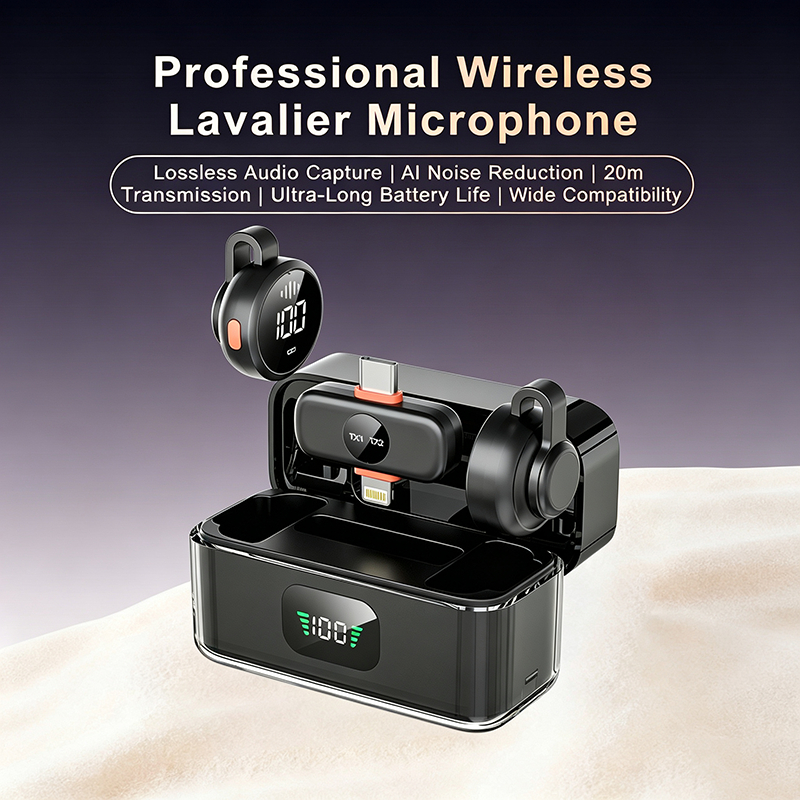 2.4GWireless Lavalier ไมโครโฟนคลิปแม่เหล็ก AI Noise Cancelling Mic พร้อมเคสชาร์จ 20 M Transmission V