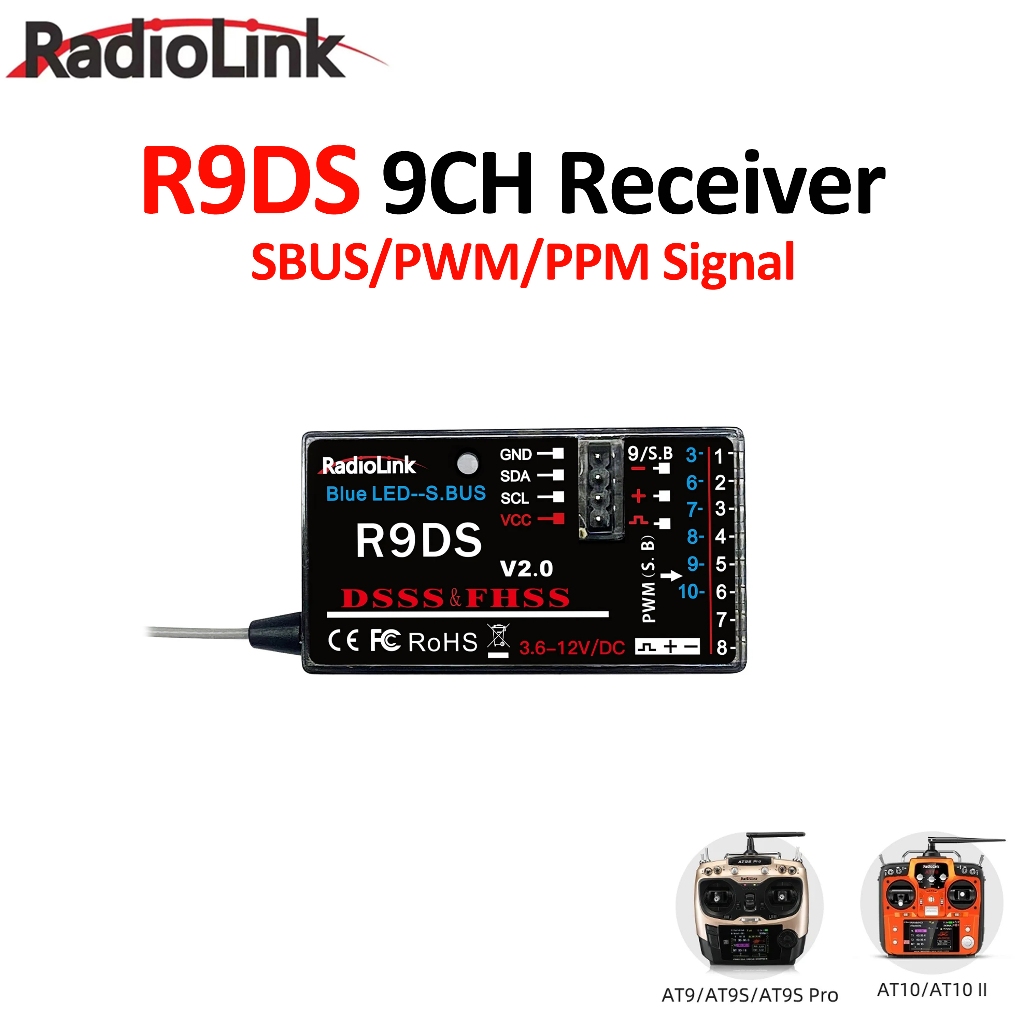 Radiolink R9DS 9CH RC ตัวรับสัญญาณ 2.4G ข้อมูลเที่ยวบินส่ง SBUS/PWM/PPM สัญญาณสําหรับ AT9 AT9S AT9S 