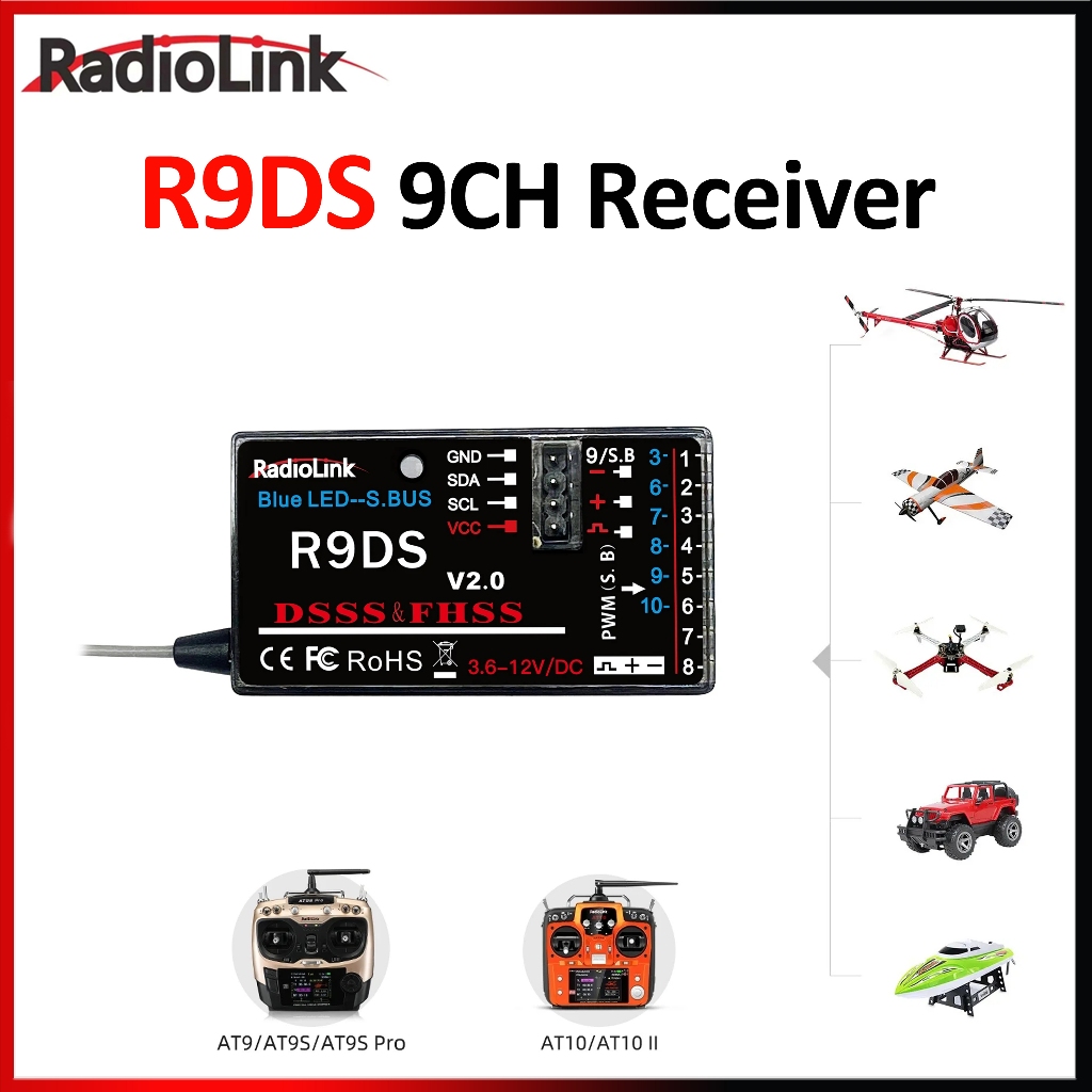 Radiolink R9DS 9/10CH 2.4GHz DSSS & FHSS RC ตัวรับสัญญาณข้อมูลเที่ยวบินเกียร์ SBUS/PWM/PPM สัญญาณสํา