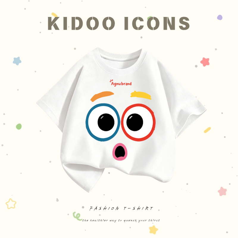 KIDOO ICONS เสื้อยืดเด็กคอกลมผ้าฝ้าย 100% ลายหน้าตาการ์ตูนตาโตสุดกวน แขนสั้น สไตล์เกาหลี #A01+5977
