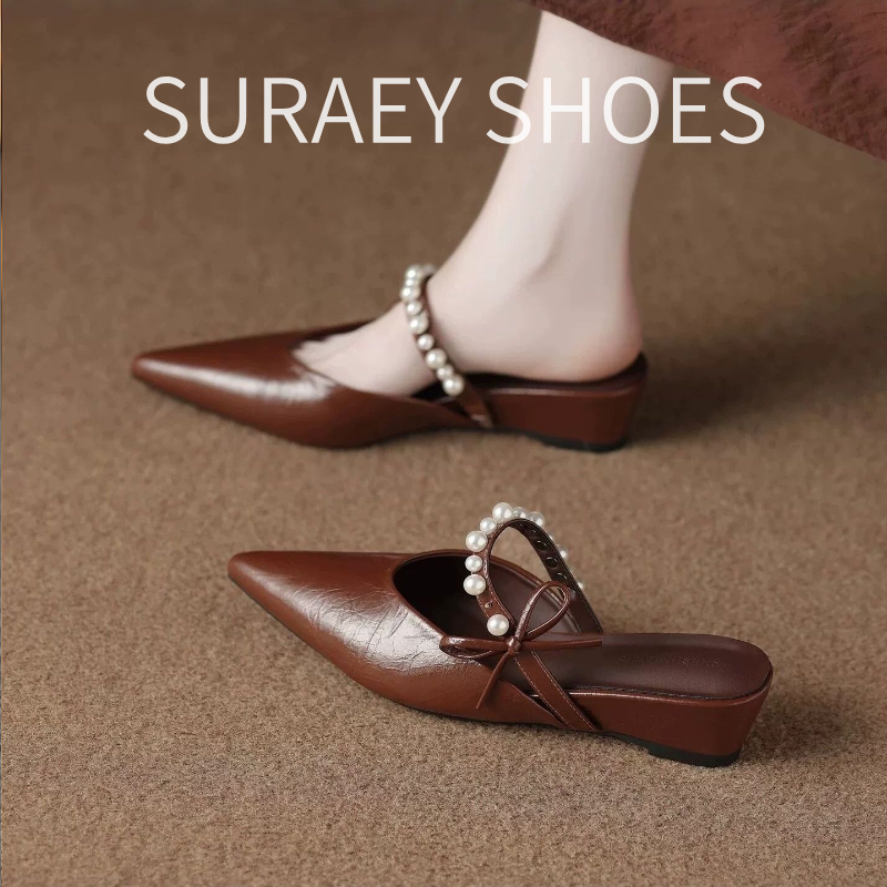 รองเท้าเปิดส้น Mule ผู้หญิง หัวแหลม ประดับมุกและโบว์ ส้นลิ่นเดินสบาย