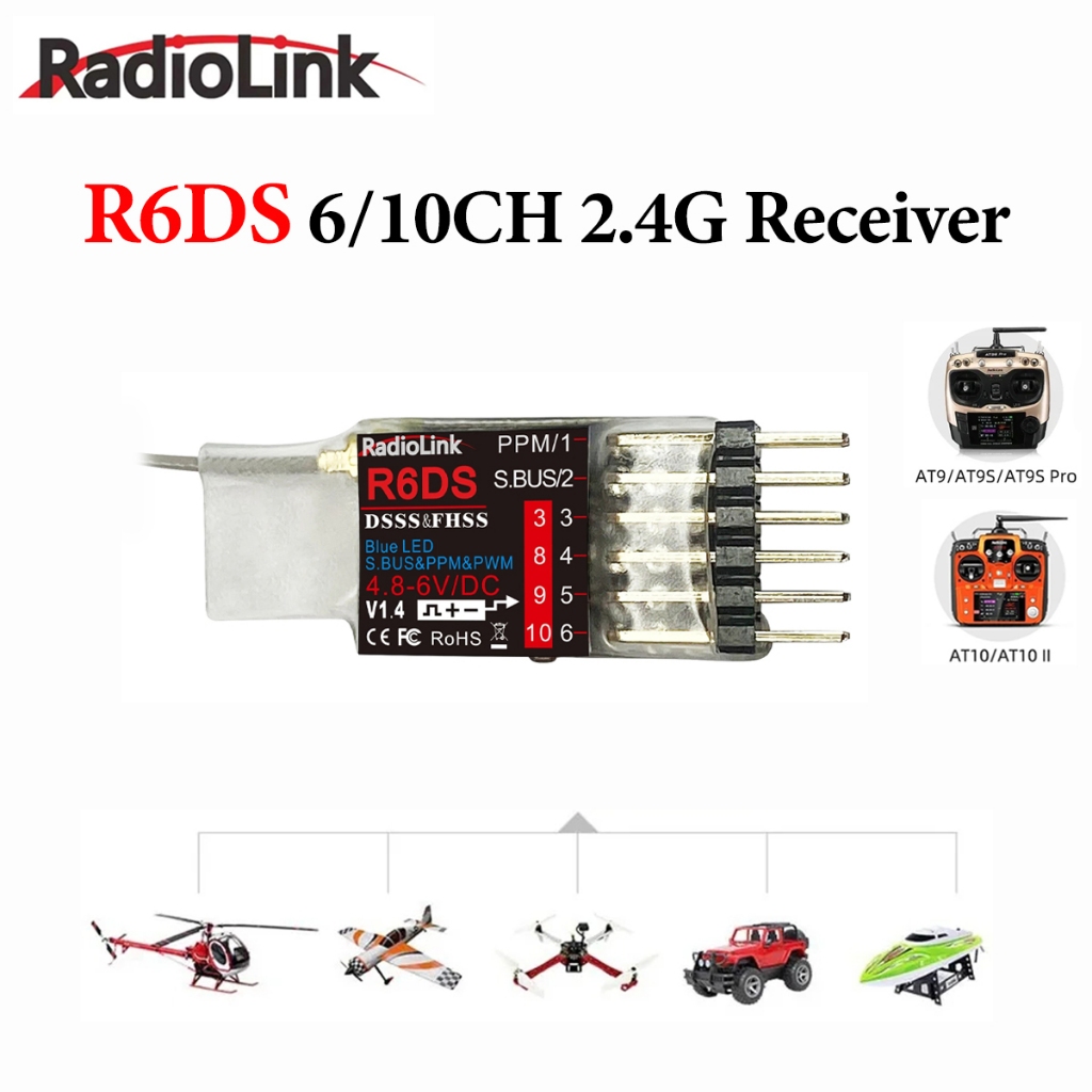 RadioLink R6DS 2.4G 6/10CH DSSS & FHSS RC Receiver รองรับ SBUS PWM PPM สําหรับ RC AT9 AT9S AT10 AT10