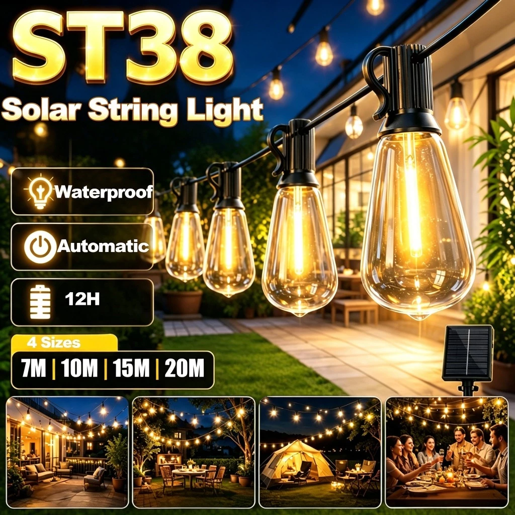 Amiluo ไฟสตริงโซล่าเซลล์ ST38 7-15M กันน้ำ IP65 8 โหมด รีโมท ไฟแต่งสวน