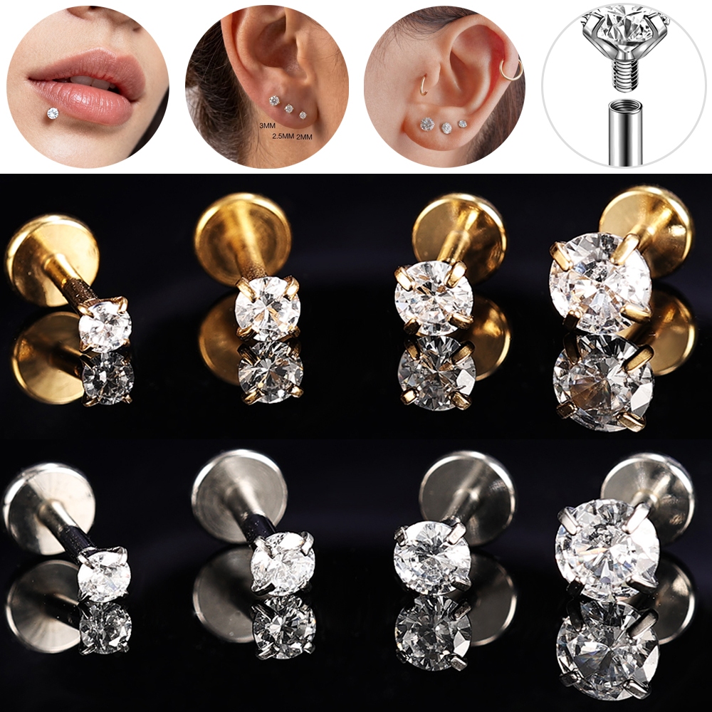 Bodyace 1 Pc 16G/18G/20G Lip Piercing Cubic Zircon Lip Stud สแตนเลส Labret เจาะภายในด้ายเครื่องประดับ